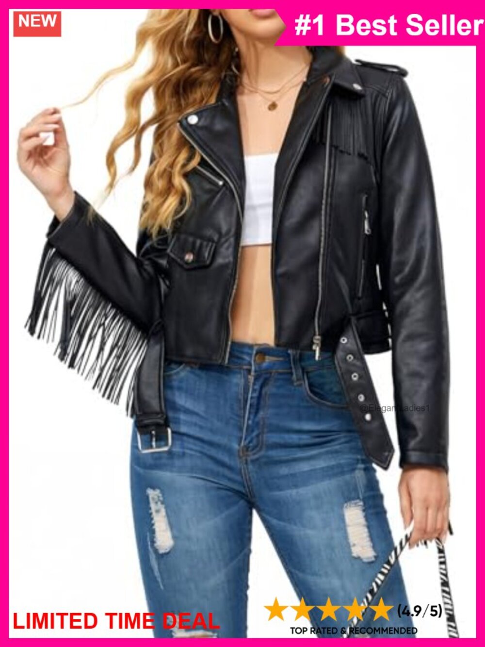 Faux Leather Moto Biker Jacket Belted Tassel Trim Fringe
